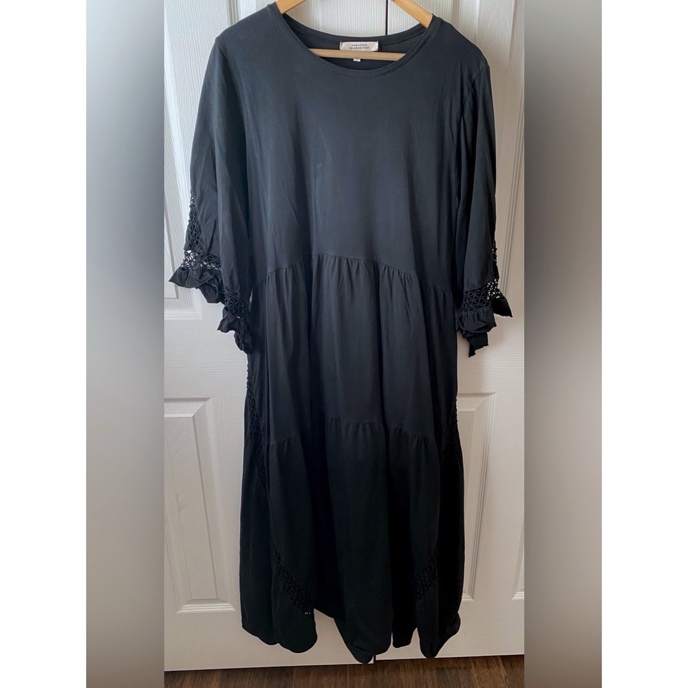 DOROTHEE SCHUMACHER Black Cotton Jersey Tiered Crochet Inset Maxi Dress 3 (6 US)